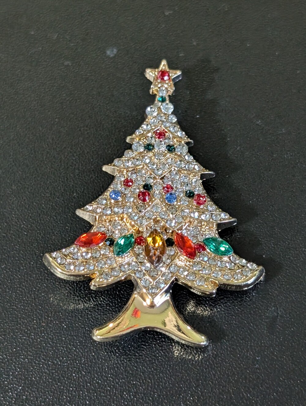 Festive Crystal Christmas Tree Brooch - Gold Tone